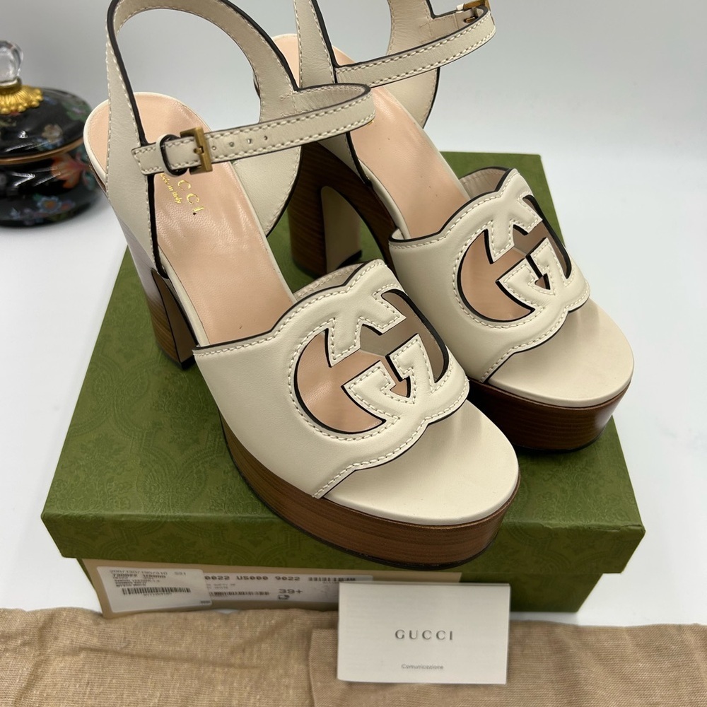 Women's Gucci interlocking G leather platform sandals size 39.5 made in Italy - Picture 12 of 13